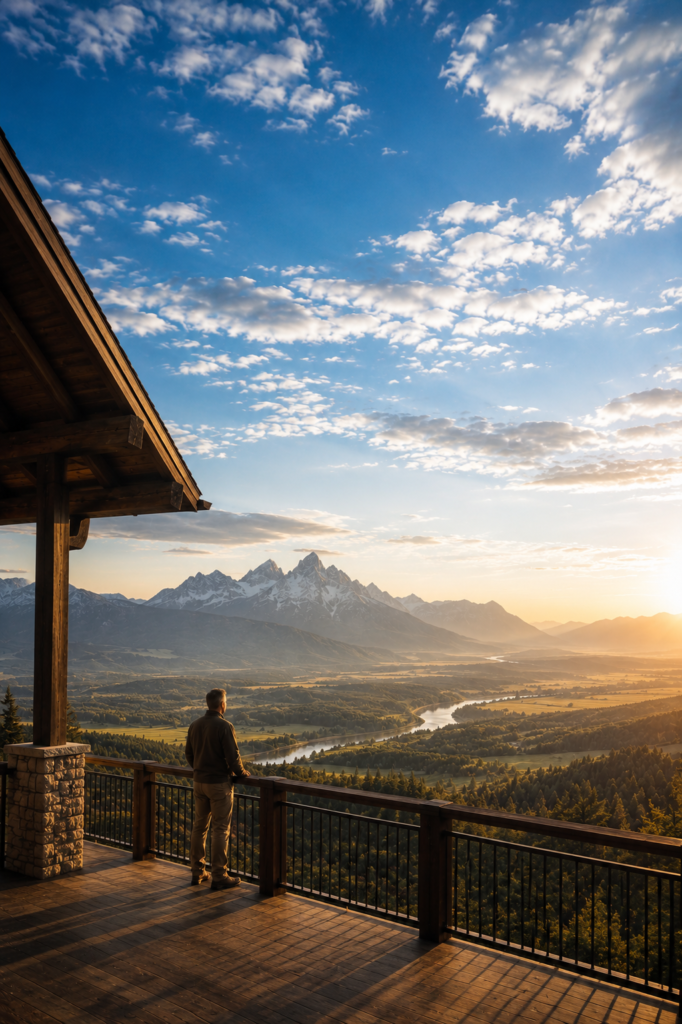 Man standing on mountain peak at sunrise overlooking horizon