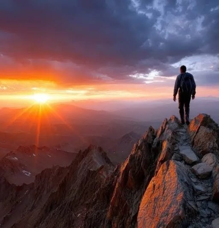 Hiker standing on mountain peak at sunrise overlooking valley