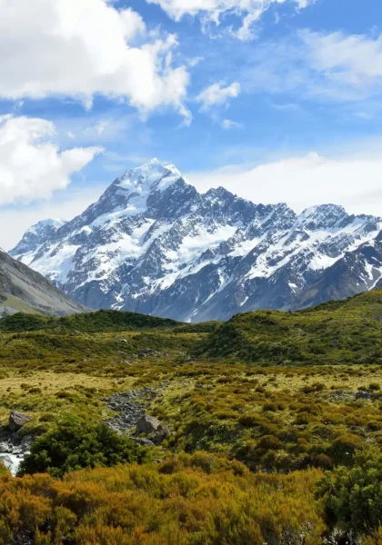 Stunning landscape of snow-capped mountains in Mount Cook National Park, New Zealand.